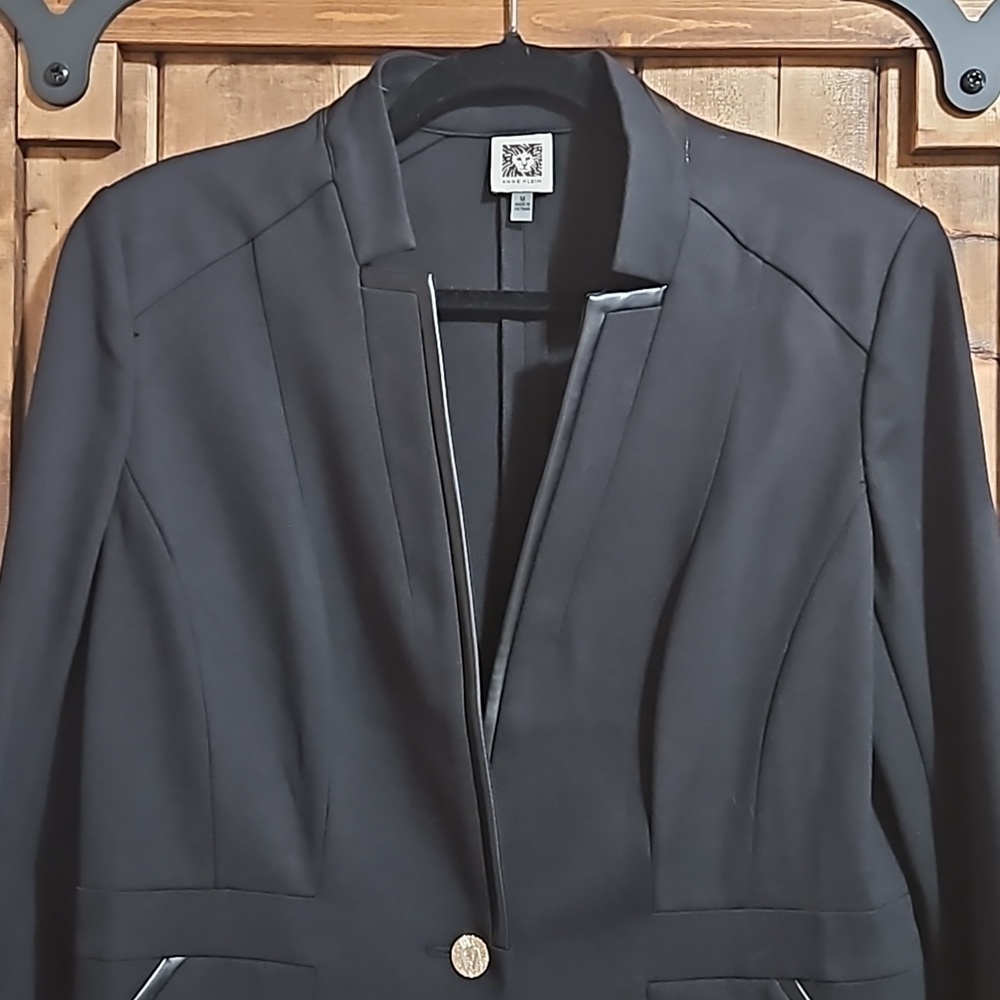 Anne Klein Black Knit Faux Leather Trim Stretch One Button Blazer Size M… - Picture 2 of 16